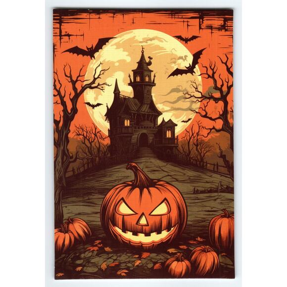 Vintage Photochrome Halloween Postcard Jack-O'-Lantern Haunted House - Picture 1 of 2